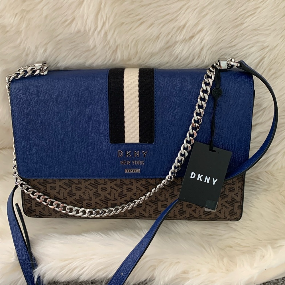 Dkny Monogrammed Leather Blue /brown Liz MD Flap Chain Shoulder Purse Bag
